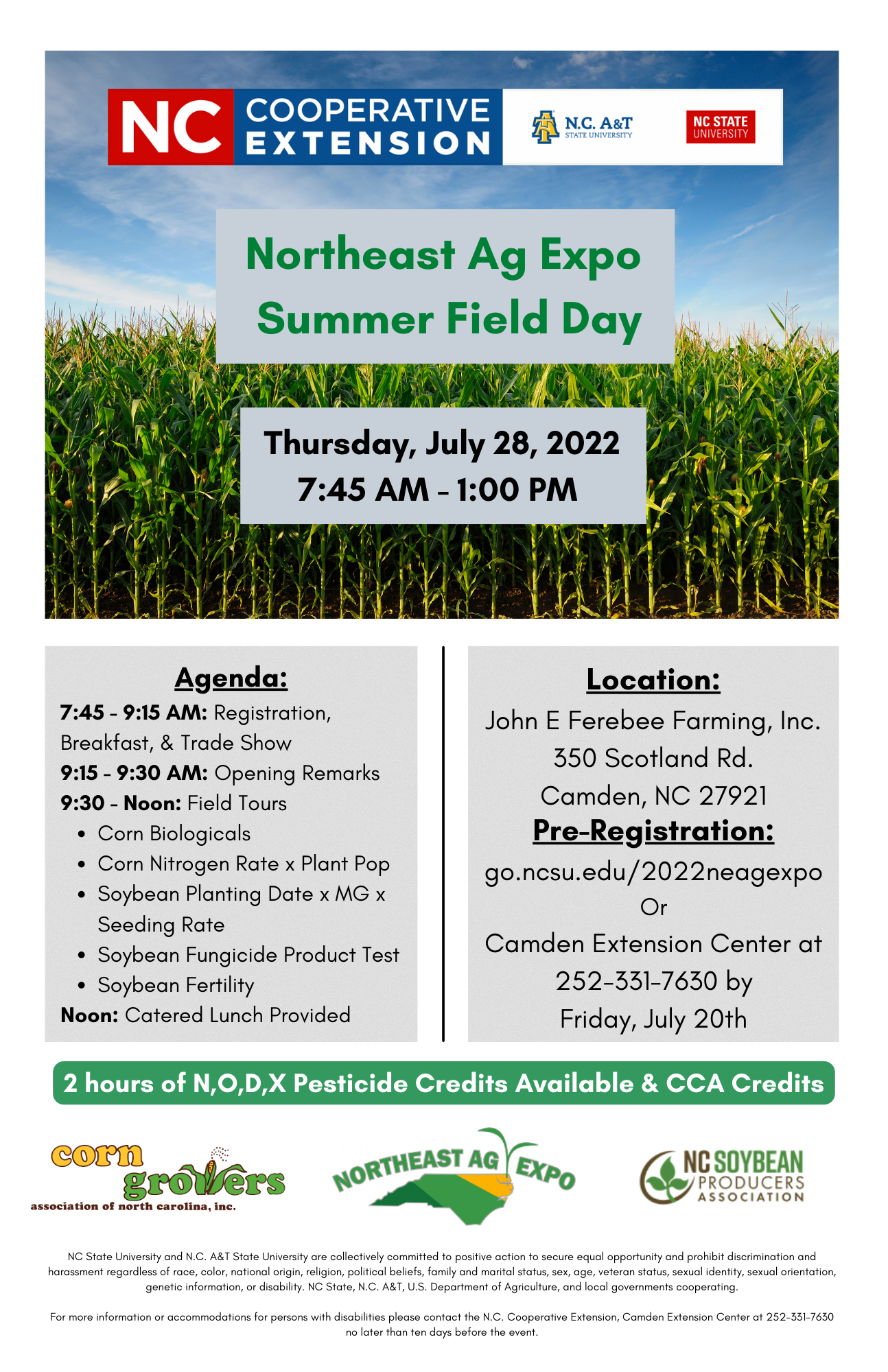 Northeast Ag Expo Summer Field Day, Thursday, July 28, 2022, 7:45 a.m. – 1:00 p.m.