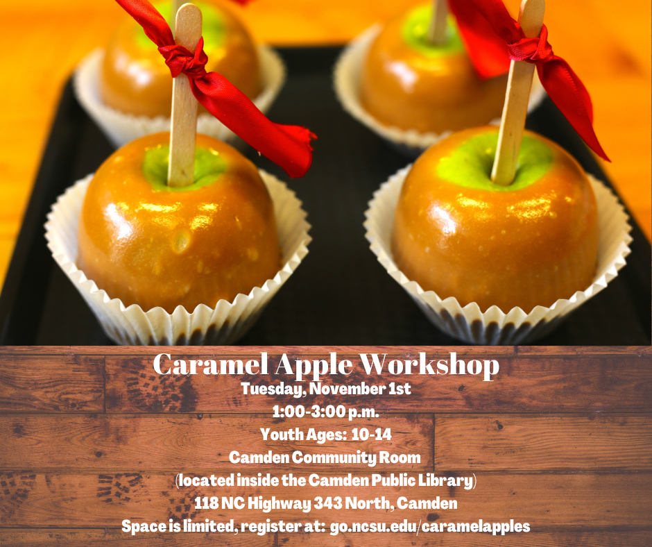 Caramel Apple Workshop, Tuesday, November 1st. 1:00 p.m. – 3:00 p.m. Youth ages: 10-14. Camden Community room, located inside the Camden Public Library. 118 NC Highway 343 North, Camden, NC.