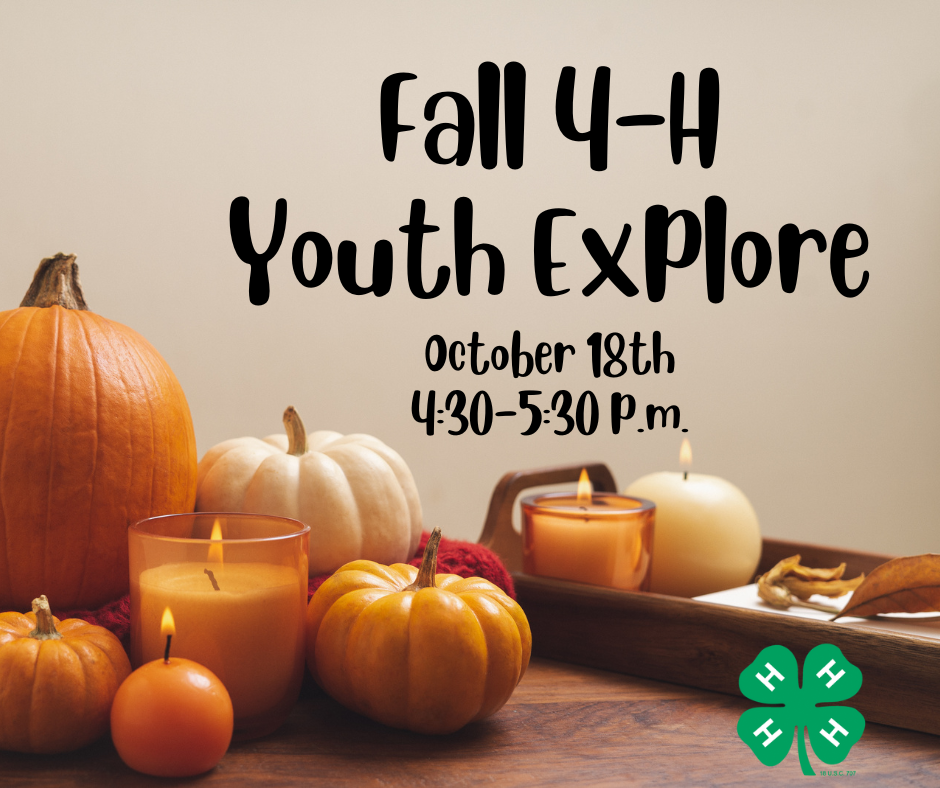 Fall 4-H Youth Explore Banner with pumpkins and candles and 4-H clover logo