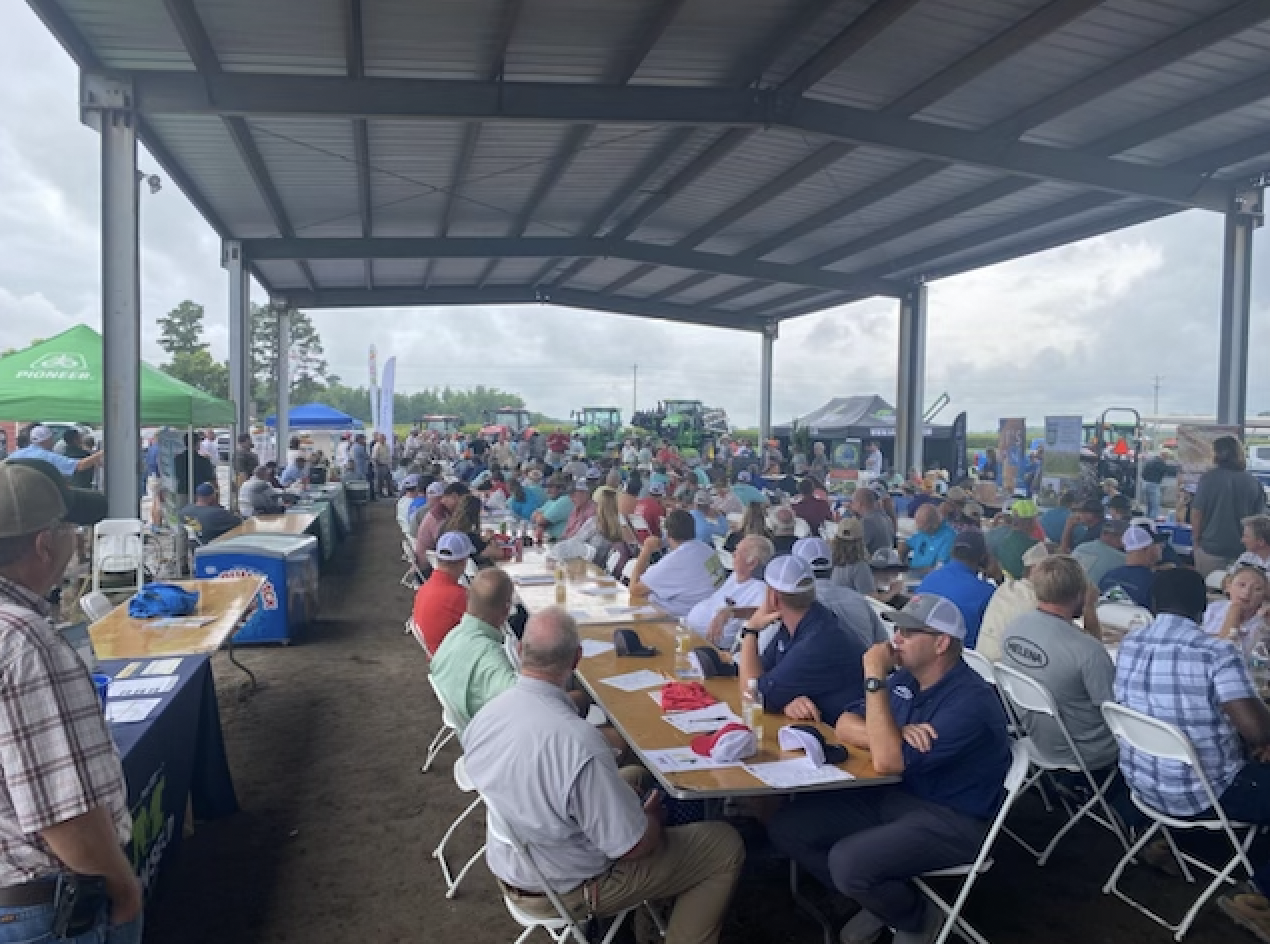 People seated at tables under a roof.