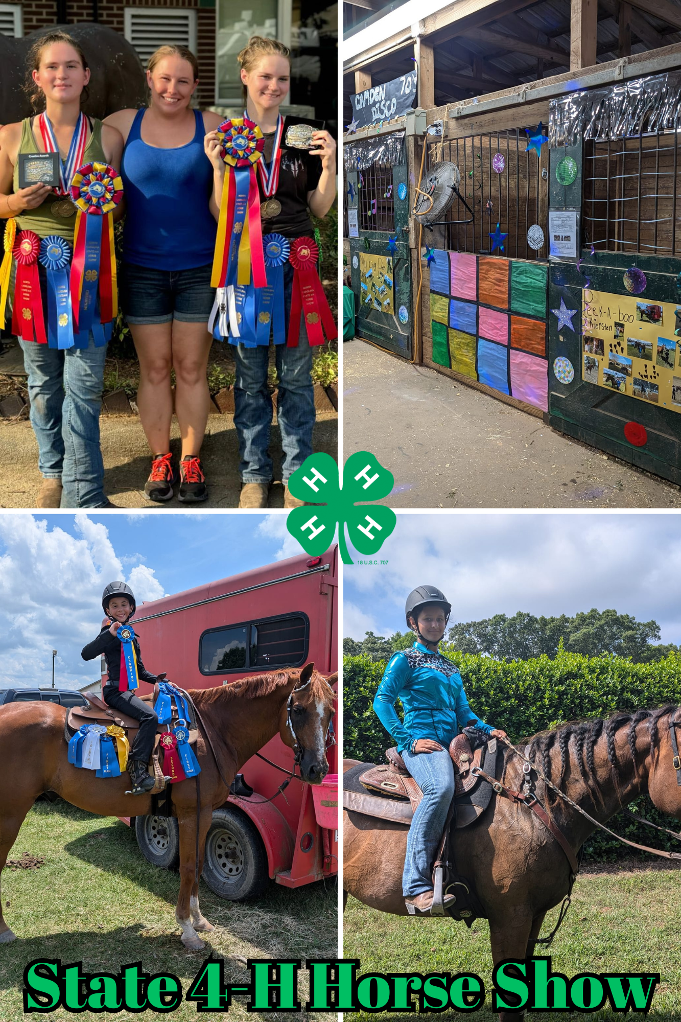 Collage of images from the 4-H Horse Show, including ribbons, horses, contestants and decorated stalls.