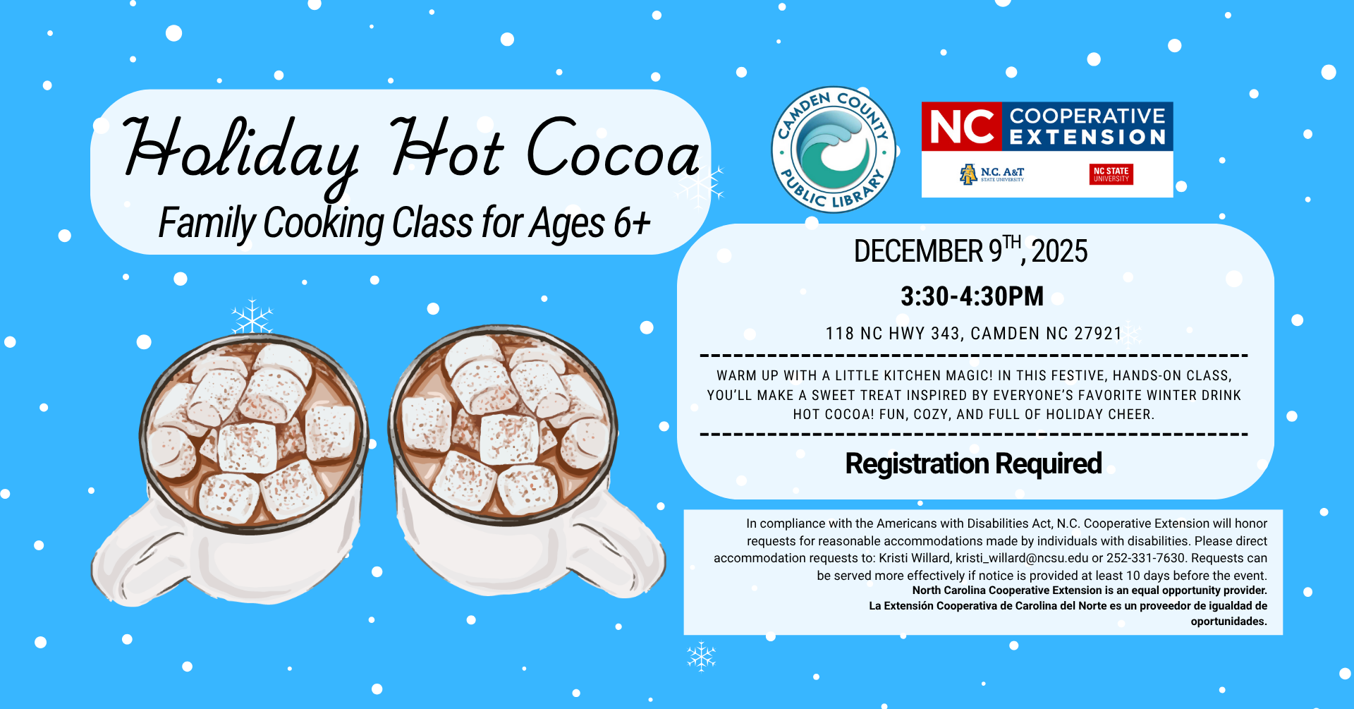 Hot cocoa in mugs with event details